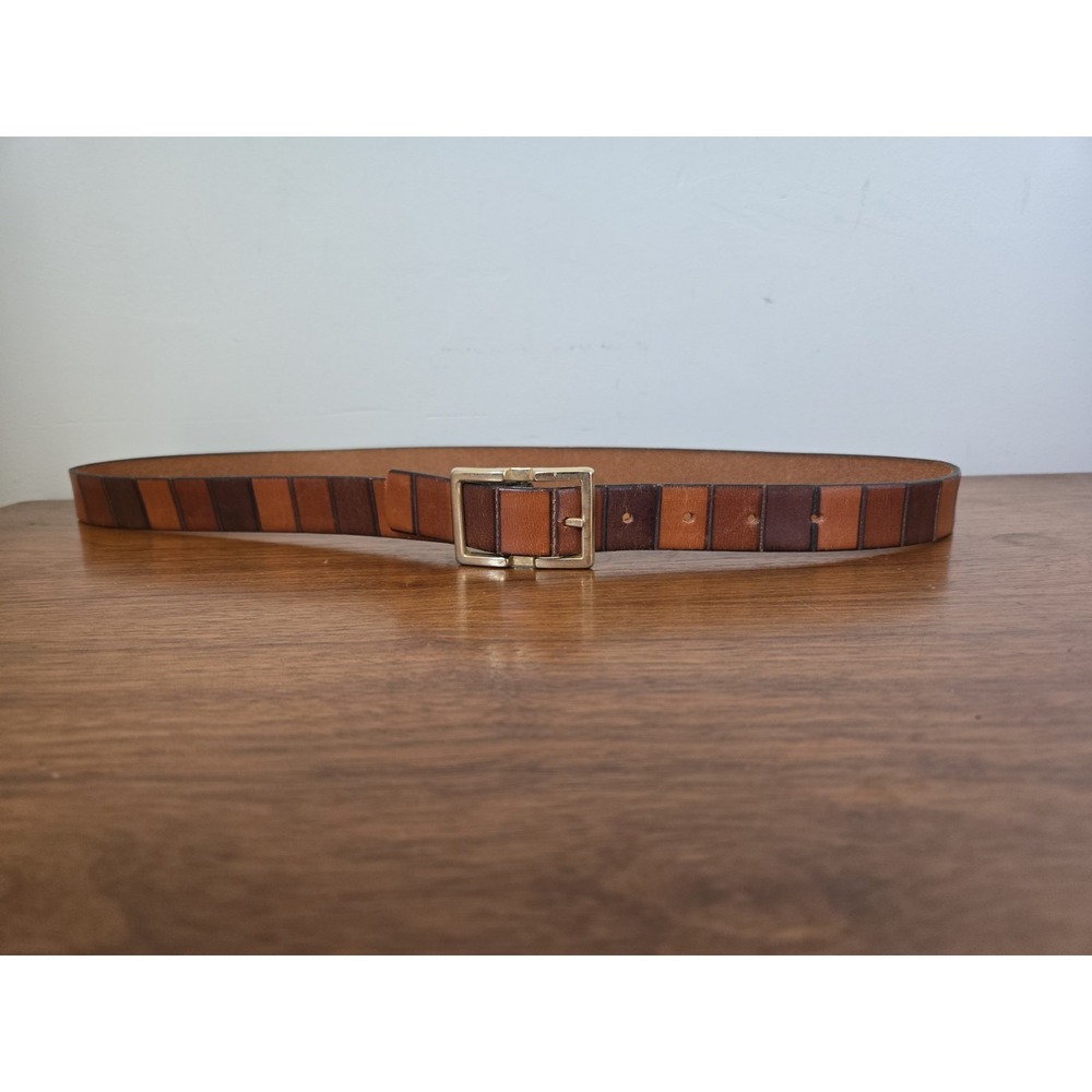 Vintage Cowhide Antiqued Carved Mens Sz 34 Gold Buckle Slim Dressy Brown Cognac